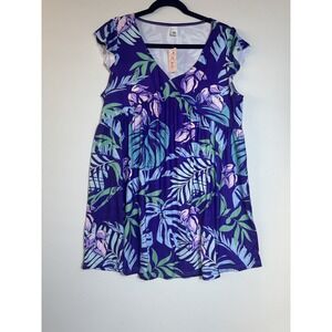 Pink Daisy Indigo & Green Monstera Flutter Sleev Empire Waist Dress Sz Large